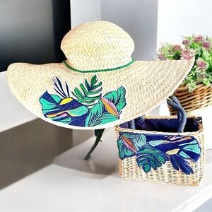 Tropical Embroidered Floppy Summer Sun Hat and Woven Bag Set